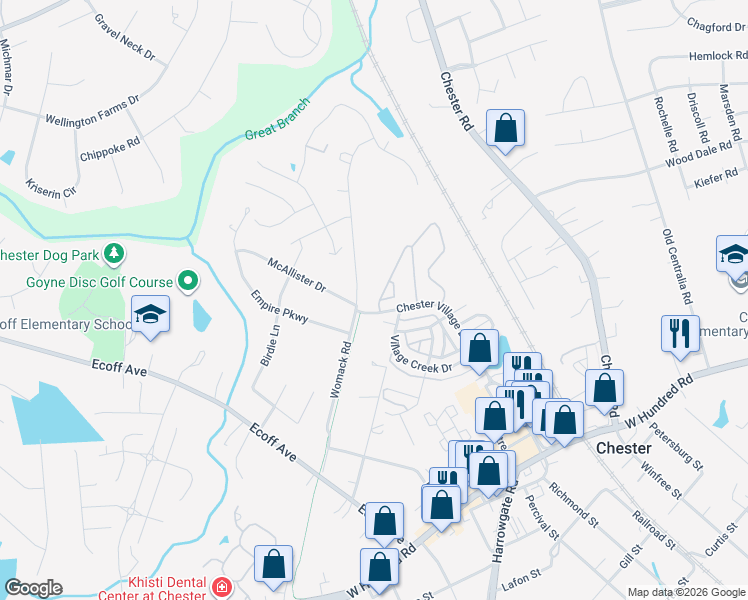 map of restaurants, bars, coffee shops, grocery stores, and more near 11400 Chester Garden Loop in Chester