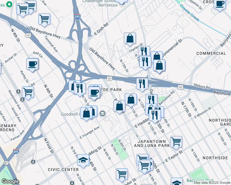 map of restaurants, bars, coffee shops, grocery stores, and more near 1076 North 10th Street in San Jose