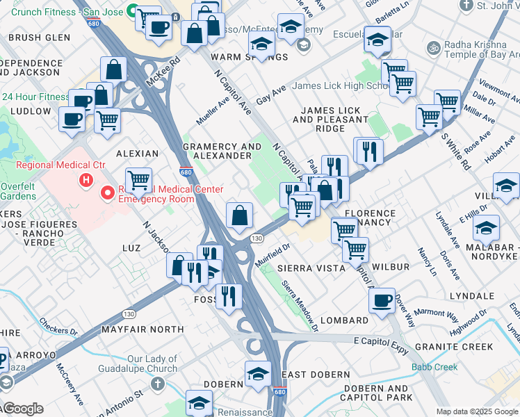 map of restaurants, bars, coffee shops, grocery stores, and more near 25 Alexander Avenue in San Jose