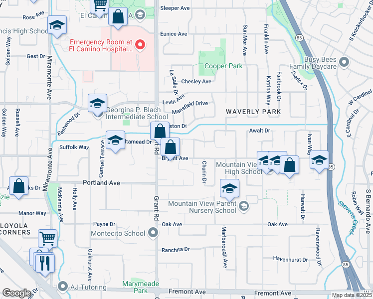 map of restaurants, bars, coffee shops, grocery stores, and more near 277 Apricot Lane in Mountain View