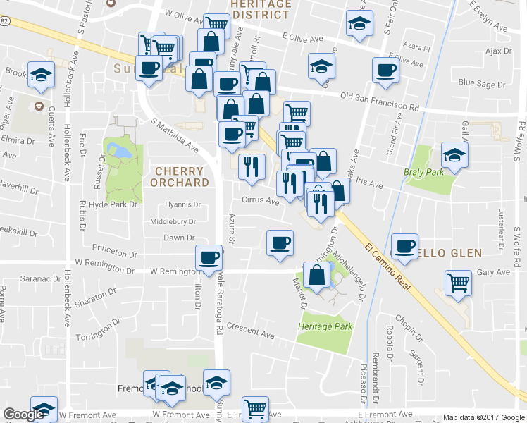 map of restaurants, bars, coffee shops, grocery stores, and more near 401 Cumulus Avenue in Sunnyvale