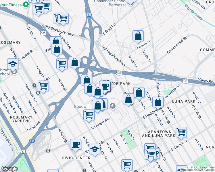 map of restaurants, bars, coffee shops, grocery stores, and more near 395 Commercial Street in San Jose