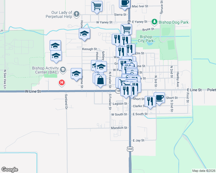 map of restaurants, bars, coffee shops, grocery stores, and more near 220 North Fowler Street in Bishop