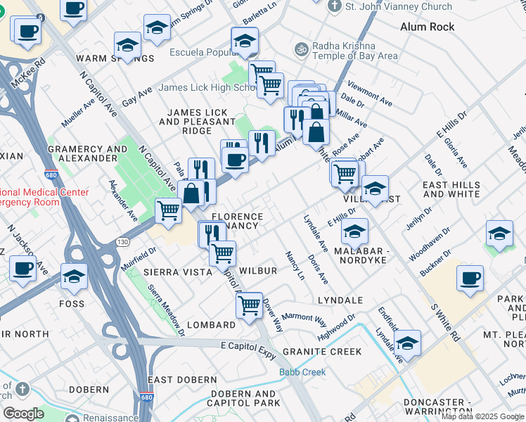 map of restaurants, bars, coffee shops, grocery stores, and more near 150 Nancy Lane in San Jose