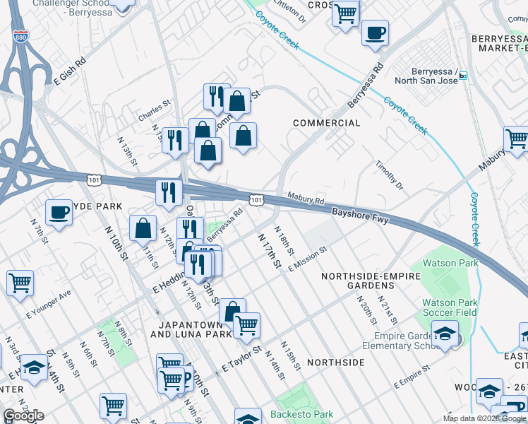 map of restaurants, bars, coffee shops, grocery stores, and more near 925 North Bayshore Road West in San Jose