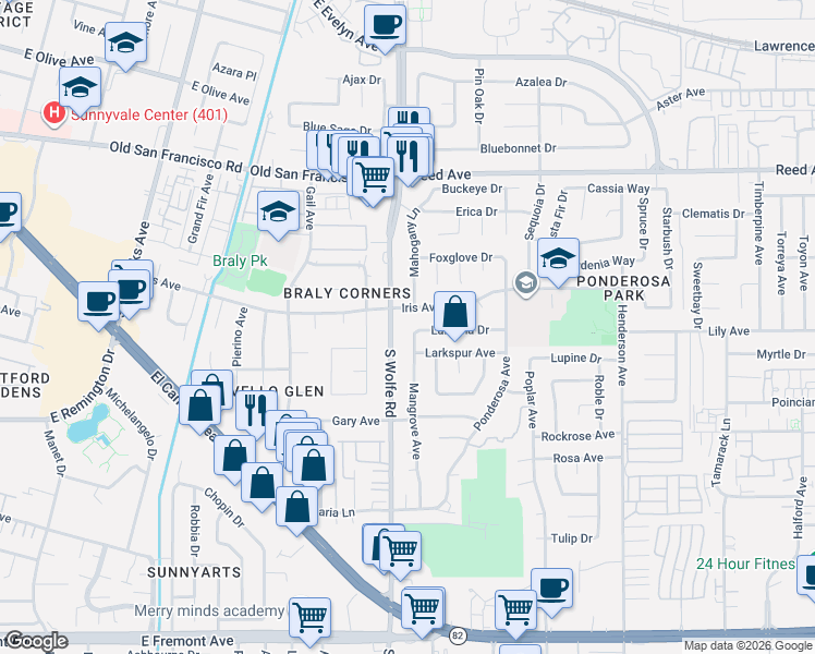 map of restaurants, bars, coffee shops, grocery stores, and more near 919 Lantana Drive in Sunnyvale