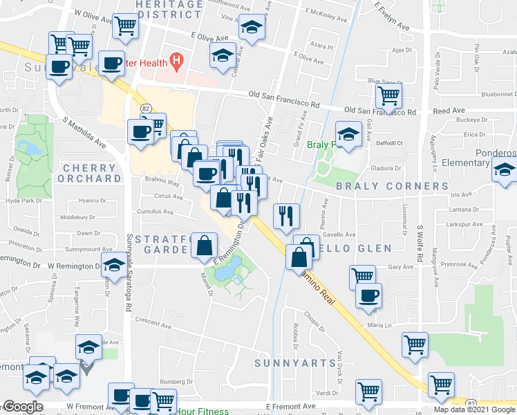 map of restaurants, bars, coffee shops, grocery stores, and more near 625 East El Camino Real in Sunnyvale