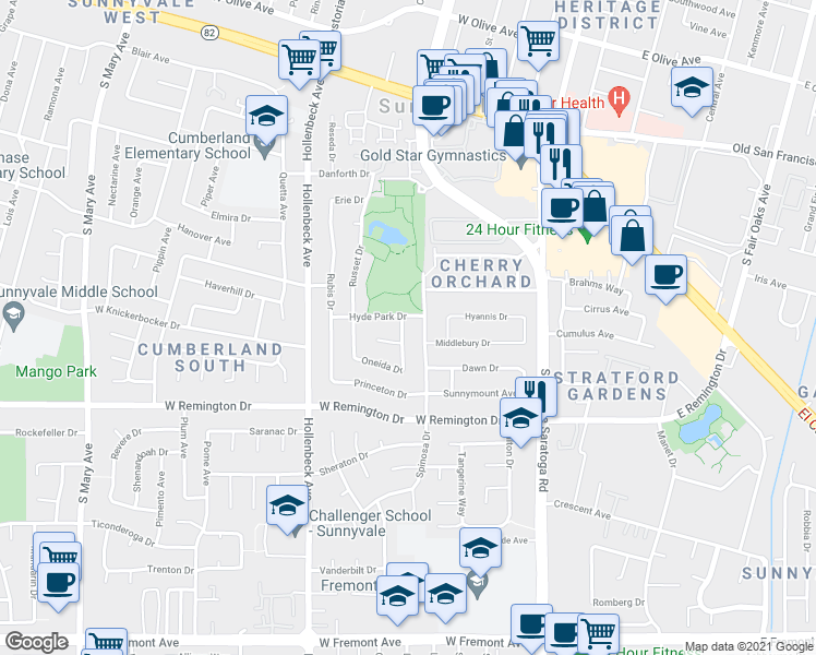 map of restaurants, bars, coffee shops, grocery stores, and more near 879 Spinosa Drive in Sunnyvale