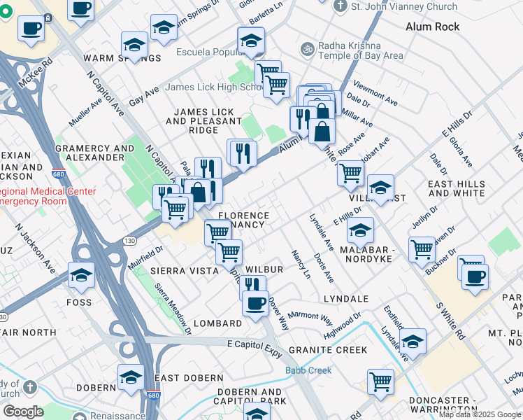 map of restaurants, bars, coffee shops, grocery stores, and more near 111 Colonade Square in San Jose