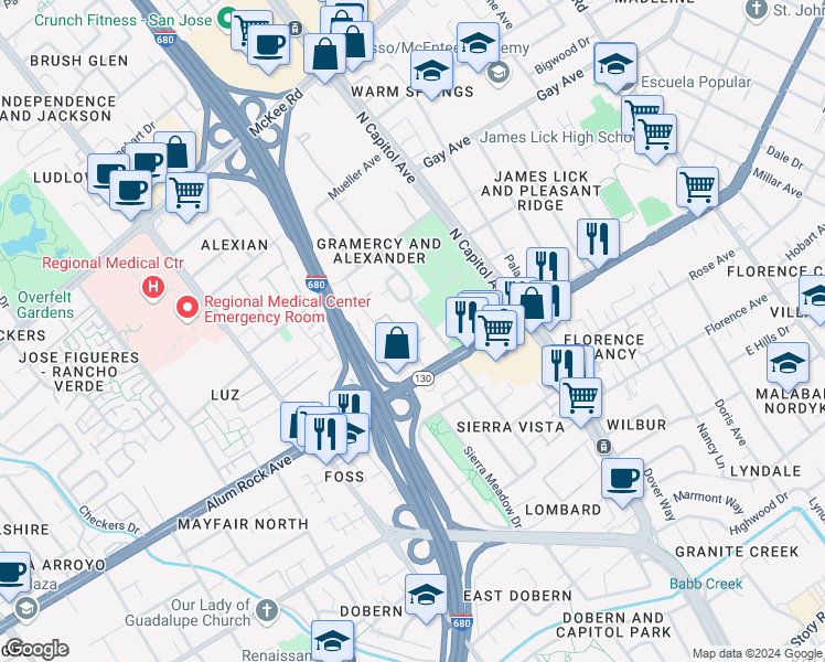 map of restaurants, bars, coffee shops, grocery stores, and more near 124 Monte Verano Court in San Jose