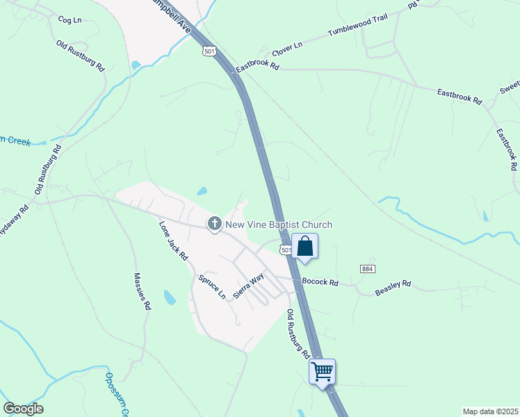 map of restaurants, bars, coffee shops, grocery stores, and more near 6294 Campbell Highway in Lynchburg