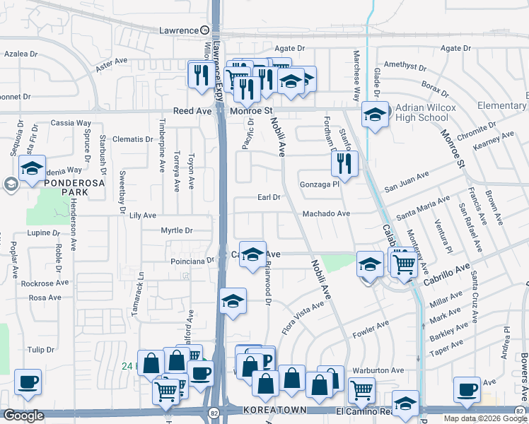 map of restaurants, bars, coffee shops, grocery stores, and more near 3493 Machado Avenue in Santa Clara