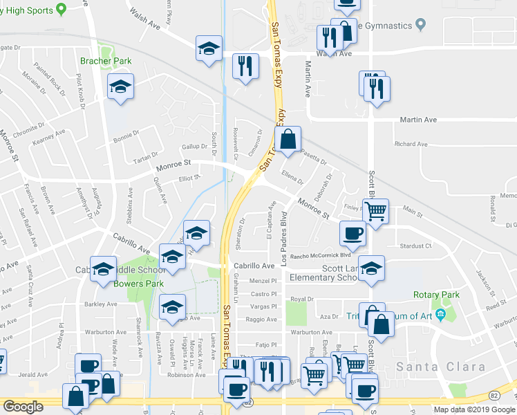 map of restaurants, bars, coffee shops, grocery stores, and more near 2154 Sheraton Drive in Santa Clara