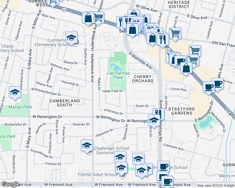 map of restaurants, bars, coffee shops, grocery stores, and more near 879 Savory Drive in Sunnyvale