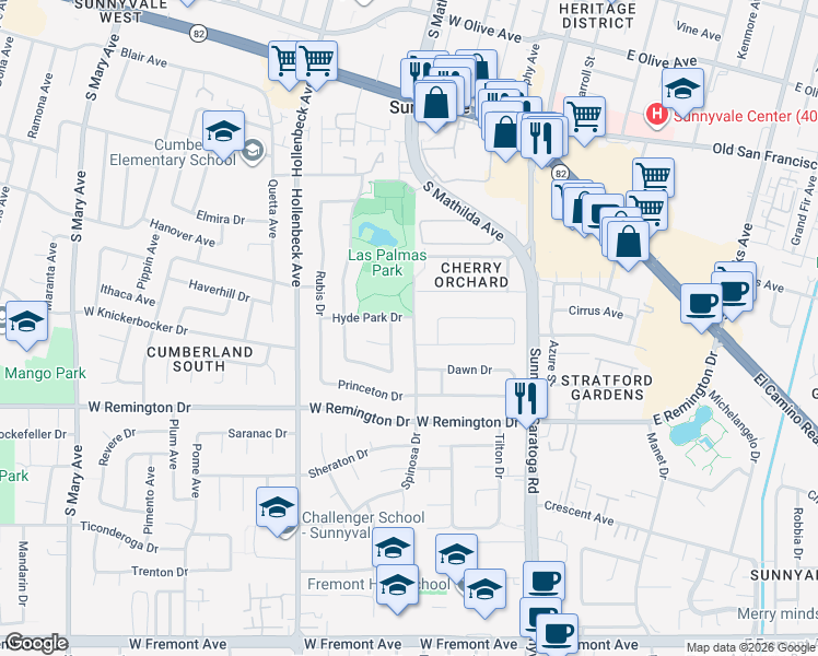 map of restaurants, bars, coffee shops, grocery stores, and more near 879 Spinosa Drive in Sunnyvale