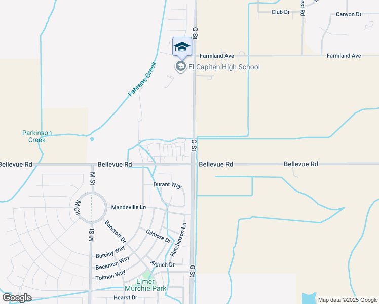 map of restaurants, bars, coffee shops, grocery stores, and more near 5024 Palisade Avenue in Merced