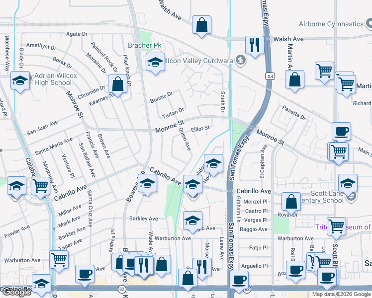 map of restaurants, bars, coffee shops, grocery stores, and more near 2136 Quinn Avenue in Santa Clara