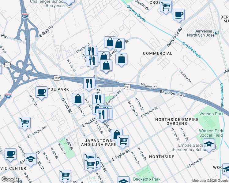 map of restaurants, bars, coffee shops, grocery stores, and more near 803 Modern Ice Drive in San Jose
