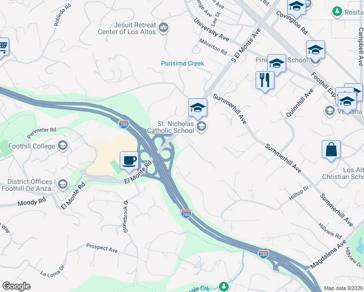 map of restaurants, bars, coffee shops, grocery stores, and more near 12800 Clausen Court in Los Altos Hills