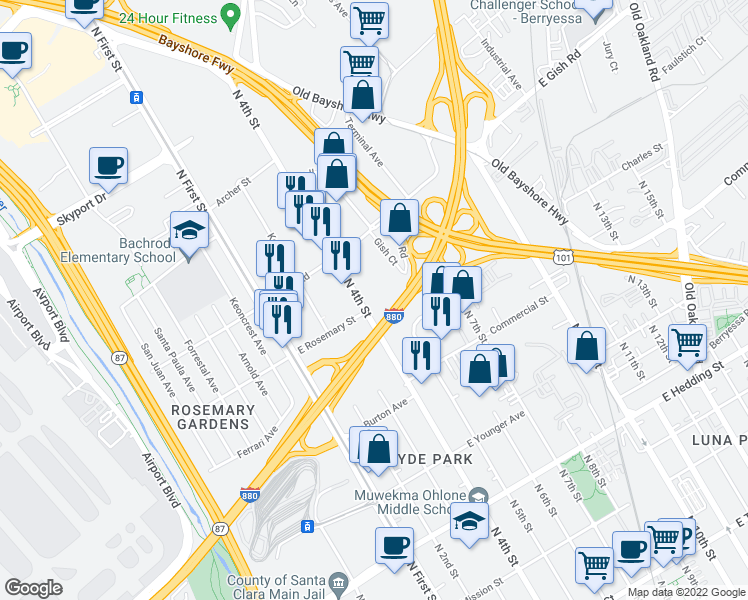 map of restaurants, bars, coffee shops, grocery stores, and more near 1302 North 4th Street in San Jose