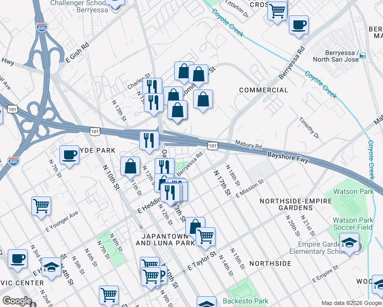 map of restaurants, bars, coffee shops, grocery stores, and more near 803 Modern Ice Drive in San Jose