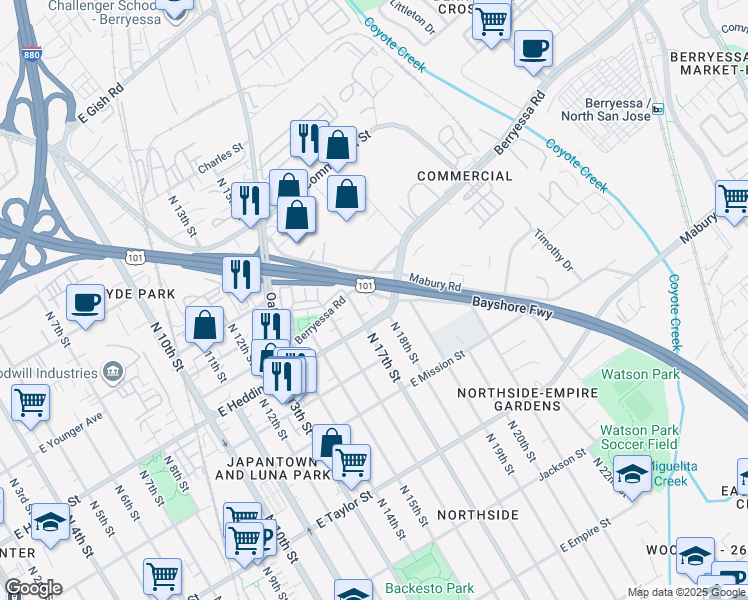 map of restaurants, bars, coffee shops, grocery stores, and more near 925 North Bayshore Road West in San Jose