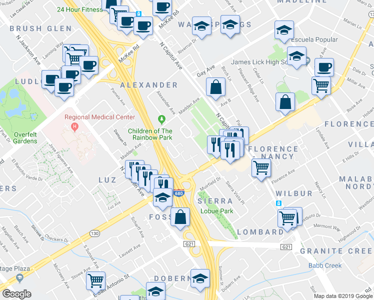 map of restaurants, bars, coffee shops, grocery stores, and more near 178 Monte Verano Court in San Jose