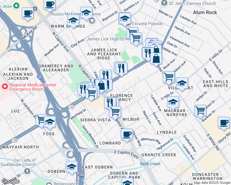 map of restaurants, bars, coffee shops, grocery stores, and more near 75 Keever Court in San Jose