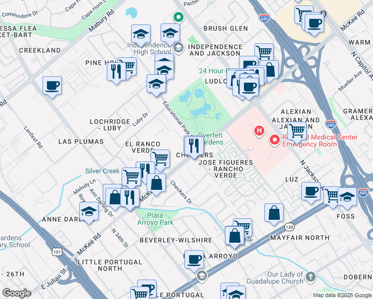 map of restaurants, bars, coffee shops, grocery stores, and more near in San Jose