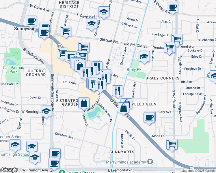map of restaurants, bars, coffee shops, grocery stores, and more near 625 East El Camino Real in Sunnyvale