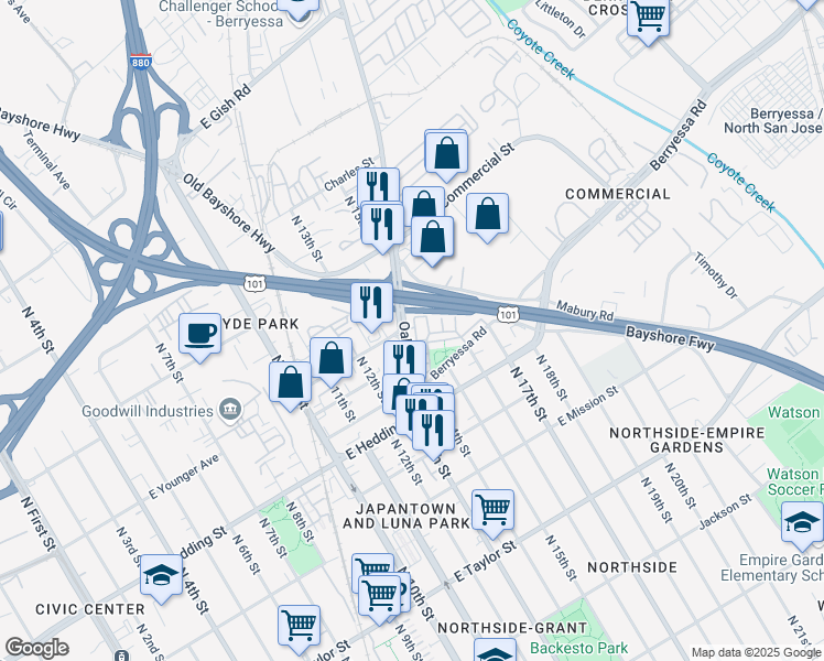 map of restaurants, bars, coffee shops, grocery stores, and more near 961 Pavilion Loop in San Jose