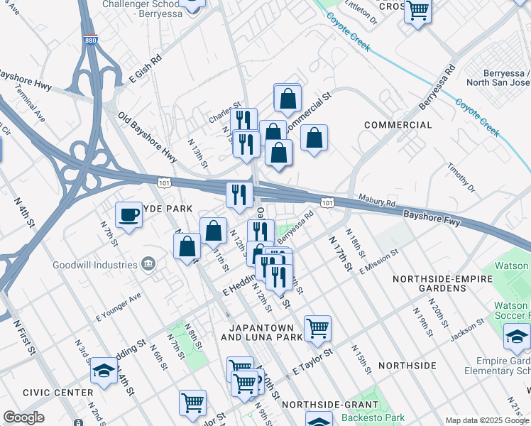 map of restaurants, bars, coffee shops, grocery stores, and more near 959 Pavilion Loop in San Jose