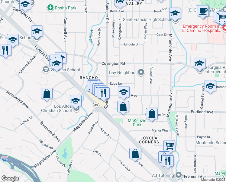 map of restaurants, bars, coffee shops, grocery stores, and more near 1171 Springer Road in Los Altos