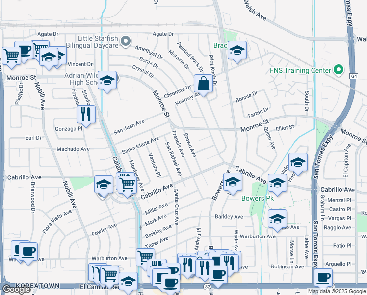 map of restaurants, bars, coffee shops, grocery stores, and more near 2175 Francis Avenue in Santa Clara