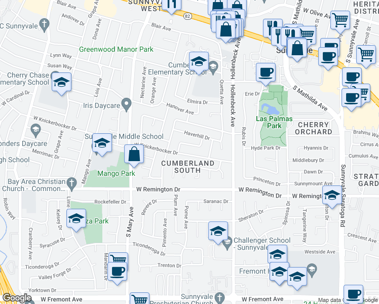 map of restaurants, bars, coffee shops, grocery stores, and more near 765 West Knickerbocker Drive in Sunnyvale