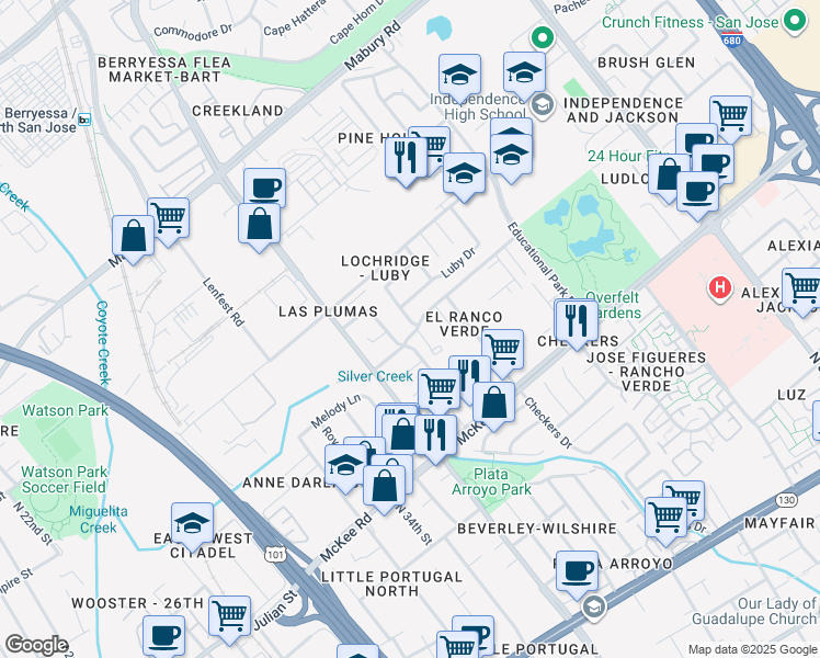 map of restaurants, bars, coffee shops, grocery stores, and more near 480 Avalani Avenue in San Jose