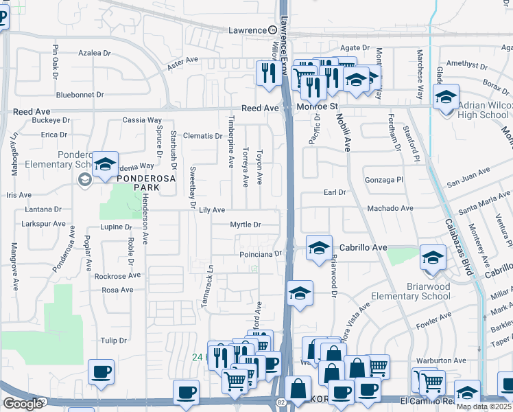 map of restaurants, bars, coffee shops, grocery stores, and more near 751 Toyon Avenue in Sunnyvale