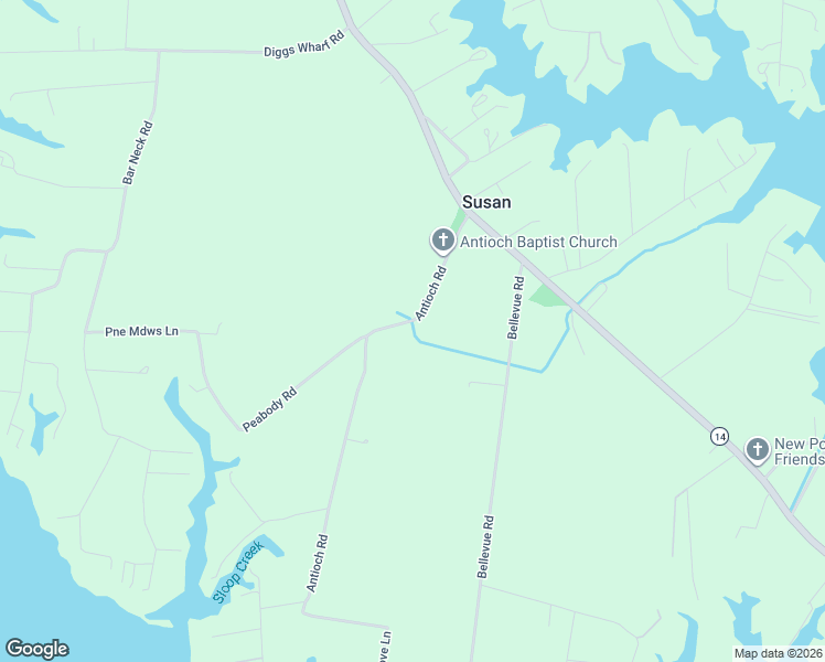 map of restaurants, bars, coffee shops, grocery stores, and more near Antioch Road in Susan