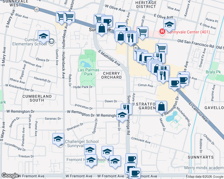 map of restaurants, bars, coffee shops, grocery stores, and more near 560 Hyannis Drive in Sunnyvale