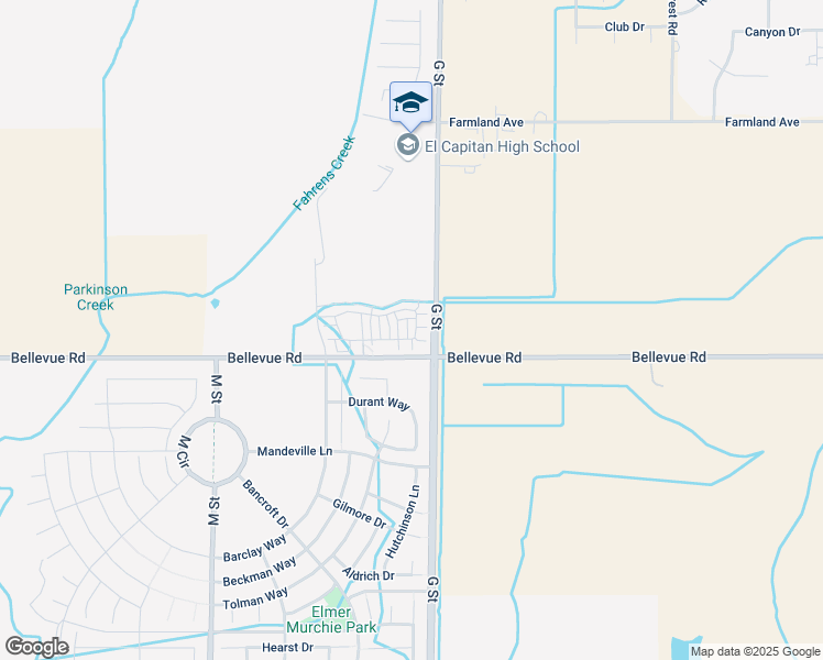 map of restaurants, bars, coffee shops, grocery stores, and more near 5047 Palisade Avenue in Merced