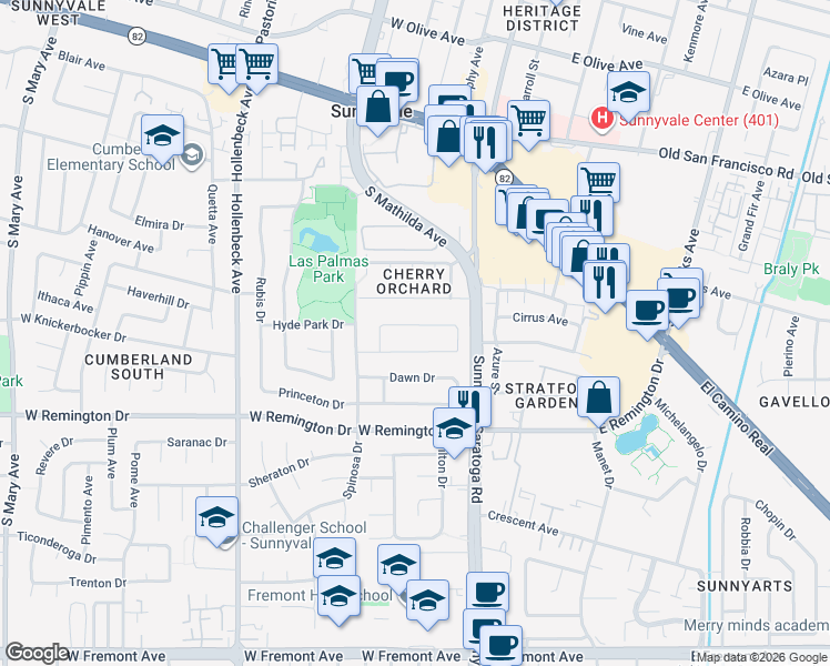 map of restaurants, bars, coffee shops, grocery stores, and more near 560 Hyannis Drive in Sunnyvale