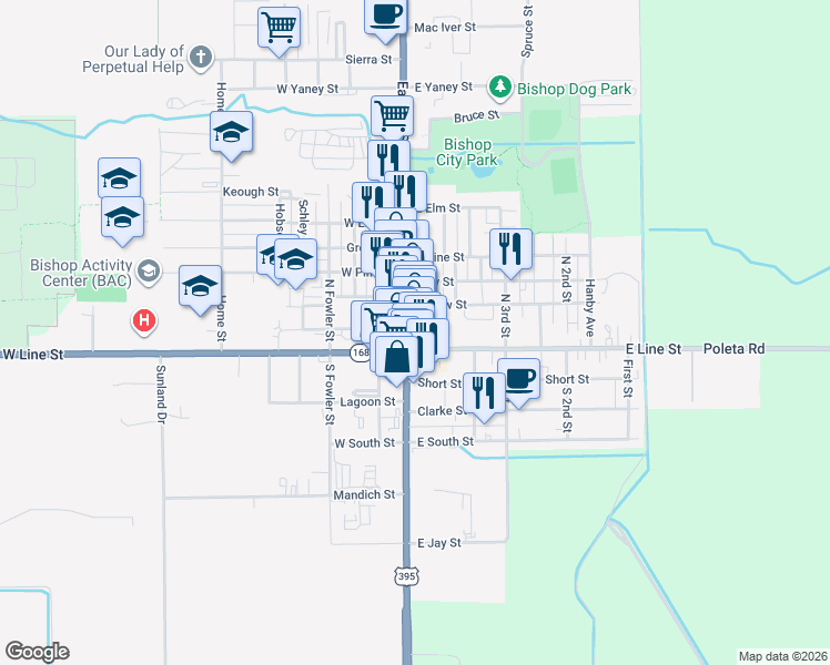 map of restaurants, bars, coffee shops, grocery stores, and more near in Bishop
