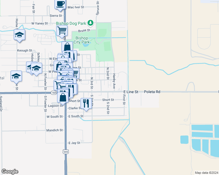 map of restaurants, bars, coffee shops, grocery stores, and more near 201-215 North 2nd Street in Bishop