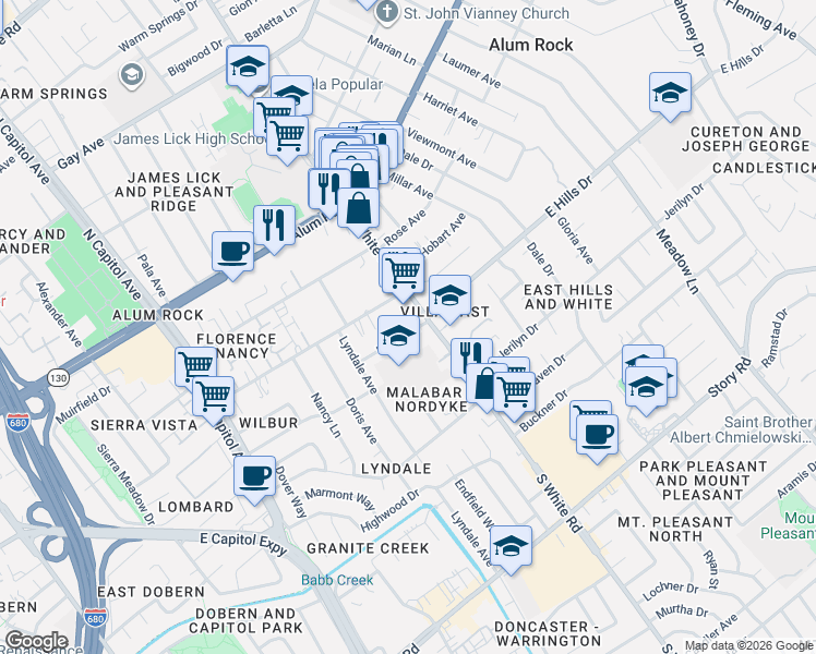 map of restaurants, bars, coffee shops, grocery stores, and more near 3073 East Hills Drive in San Jose