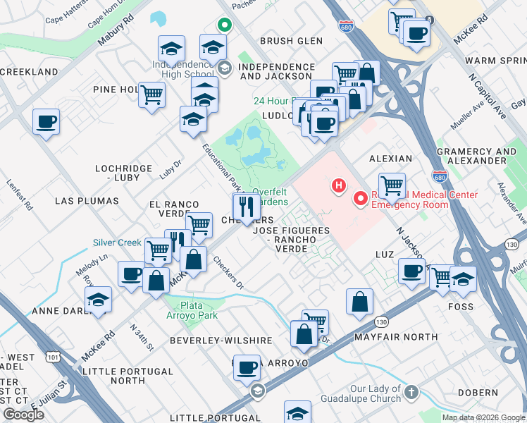 map of restaurants, bars, coffee shops, grocery stores, and more near 2050 McKee Road in San Jose