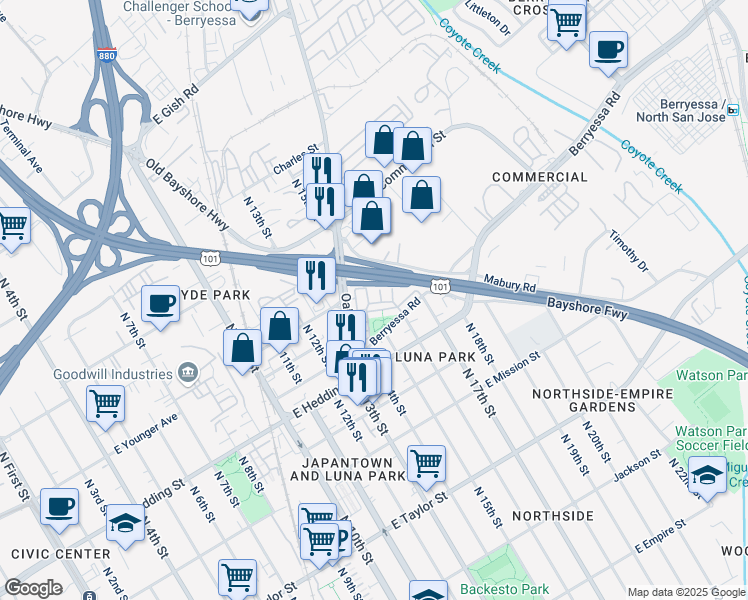 map of restaurants, bars, coffee shops, grocery stores, and more near 757 Modern Ice Drive in San Jose