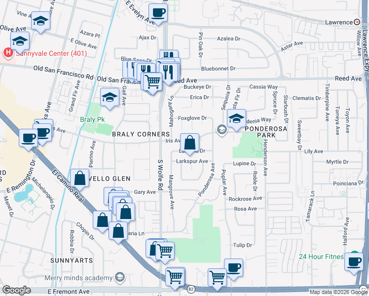 map of restaurants, bars, coffee shops, grocery stores, and more near 945 Lantana Drive in Sunnyvale