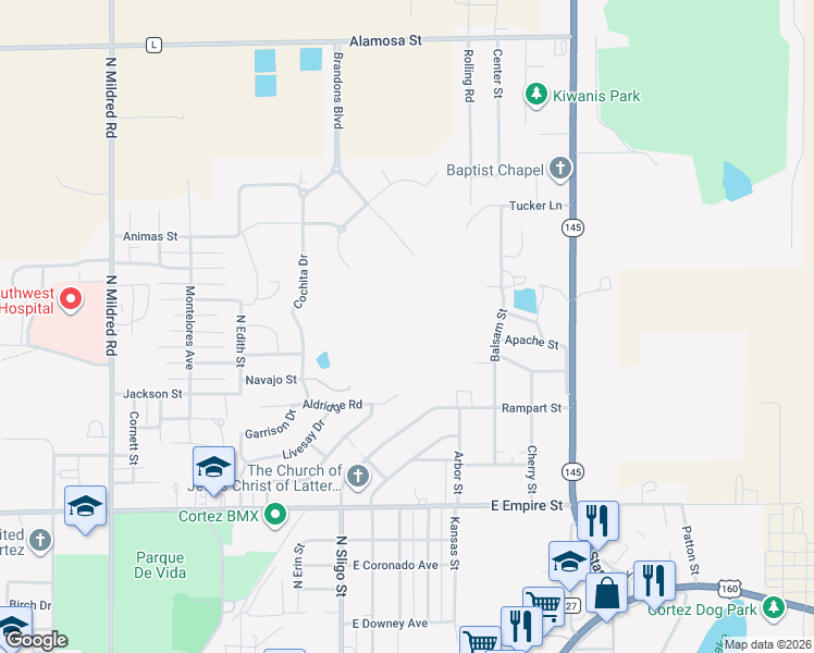 map of restaurants, bars, coffee shops, grocery stores, and more near 308 La Plata Place in Cortez