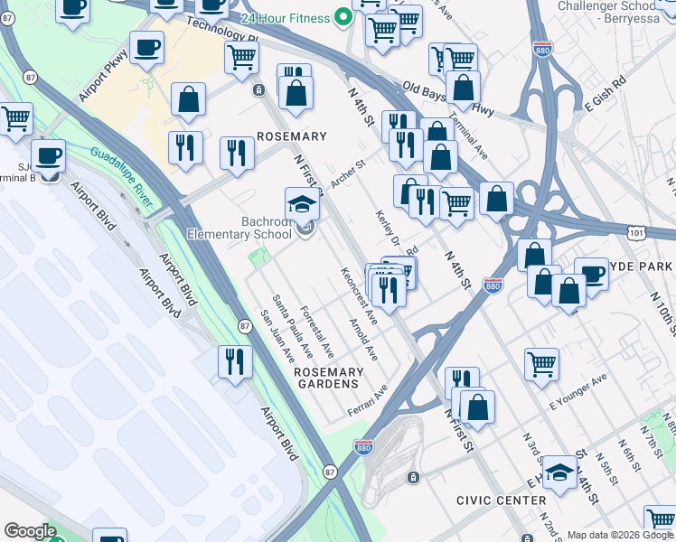 map of restaurants, bars, coffee shops, grocery stores, and more near 1443 Keoncrest Avenue in San Jose