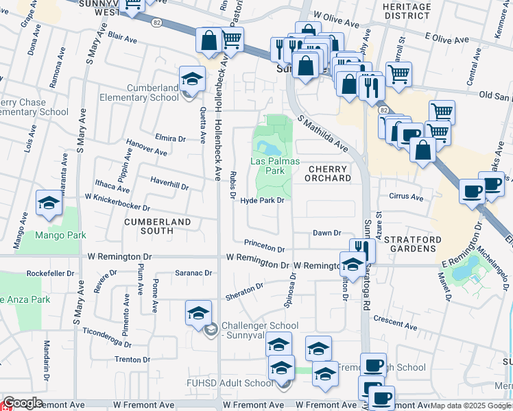 map of restaurants, bars, coffee shops, grocery stores, and more near 650 Hyde Park Drive in Sunnyvale